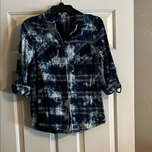 Blue and White Plaid Bleached Button-Up Shirt